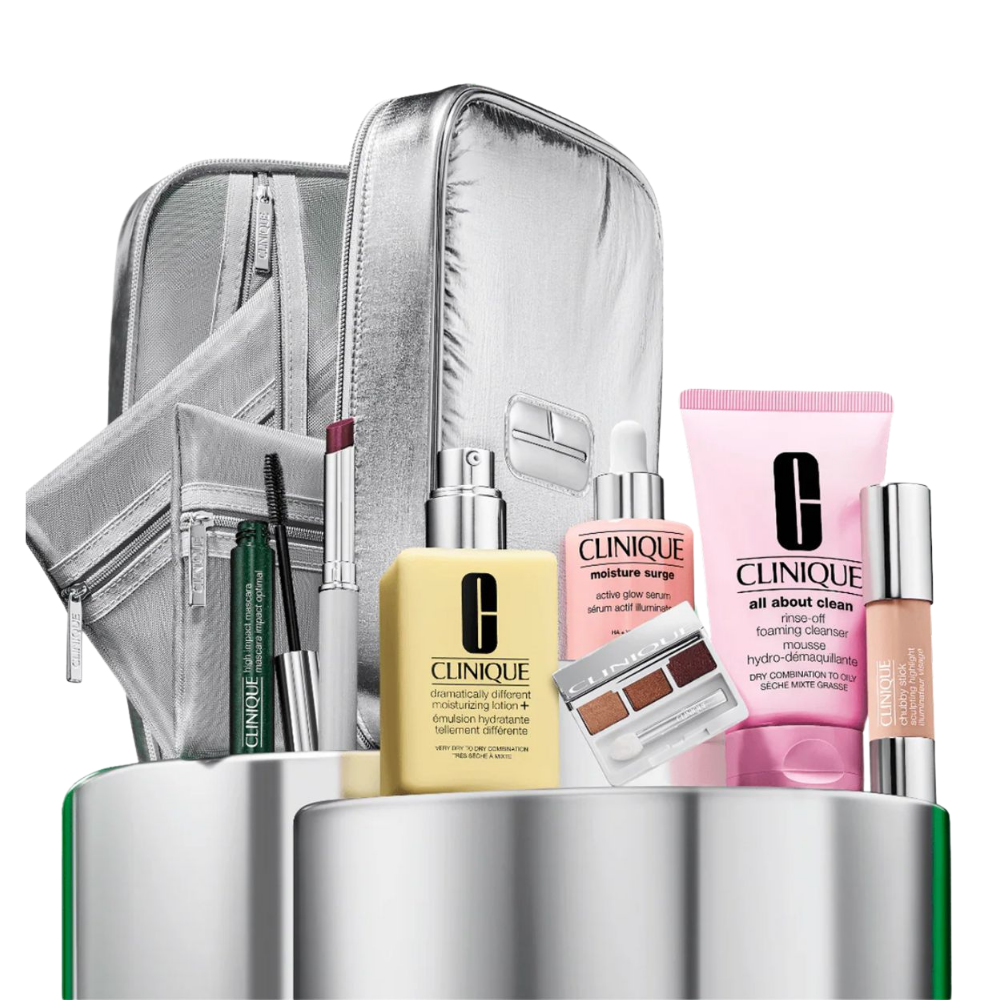 Clinique Set Completo Skincare & Makeup + Cosmetiquera Plateada