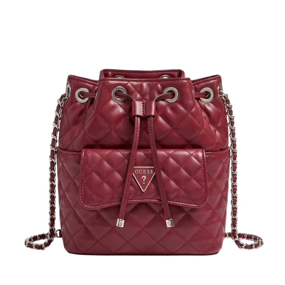 Guess – Bolsa Crossbody Tipo Cubeta Acolchada Vino