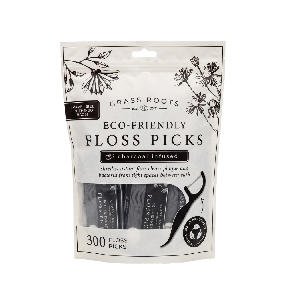 Grass Roots Eco-Friendly Floss Picks con Carbón Activado – 300 Unidades
